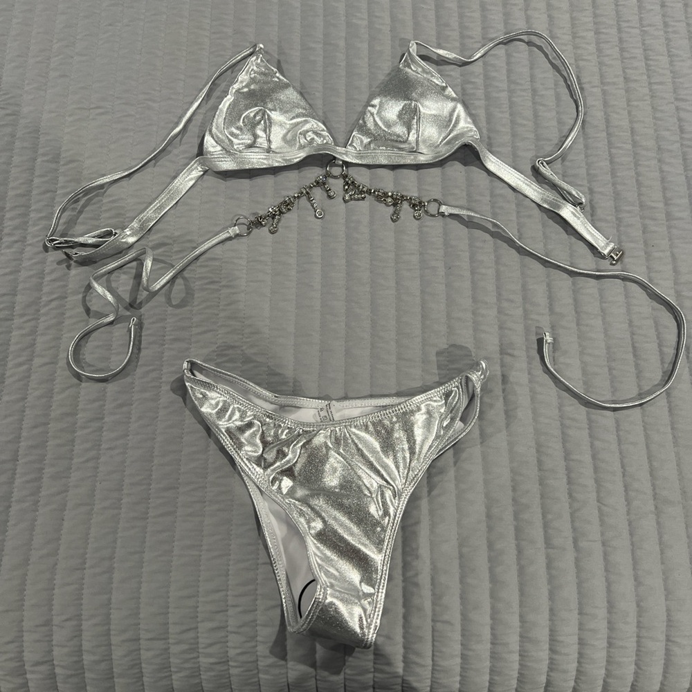 SHEIN Silver Metallic Bikini Set Glamorous Swimwear